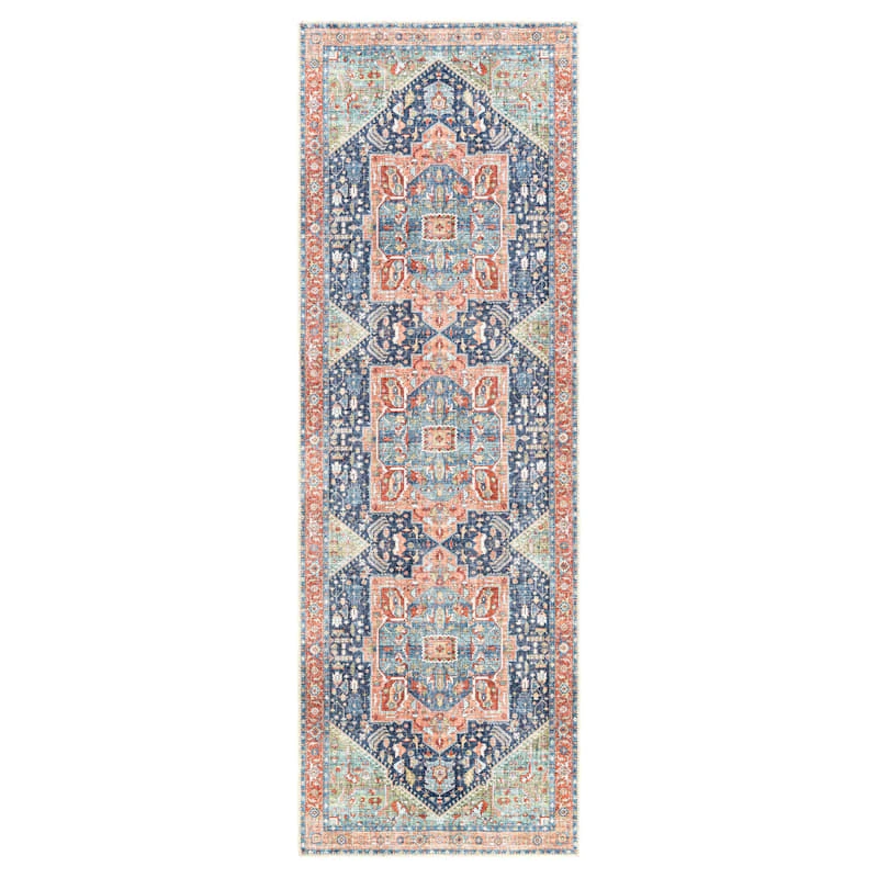 Amelie Coral & Blue Washable Runner, 2x8 1 Amelie Coral & Blue Washable Runner, 2x8