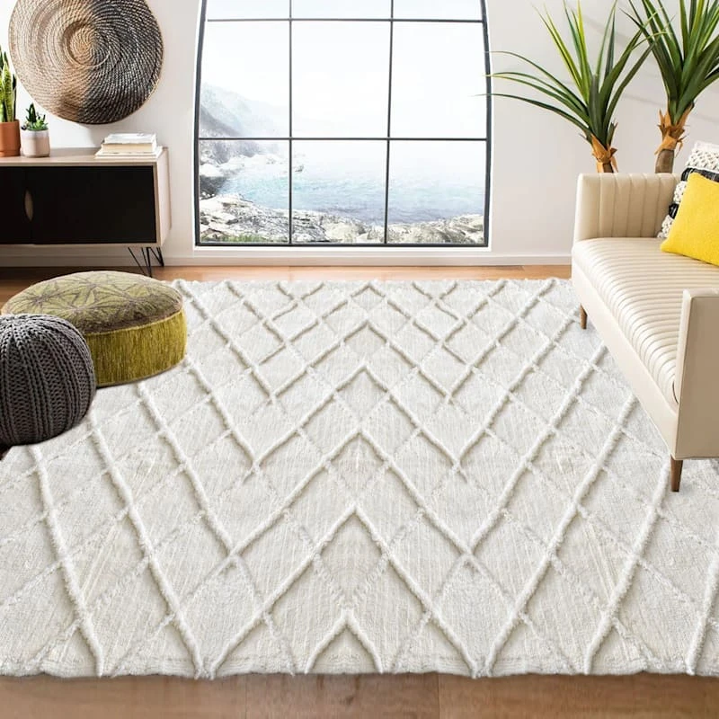 (B813) Ivory Diamond Tufted Area Rug, 8x10 5 (B813) Ivory Diamond Tufted Area Rug, 8x10 - Image 5