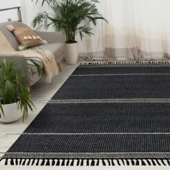 (B817) Hutton Black Flatweave Tassel Area Rug, 5x7 -Home Decor Store b817 hutton black flatweave tassel area rug 5x7 7