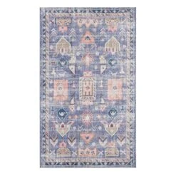 (B828) Blue Floral Medallion Washable Accent Rug, 3x5