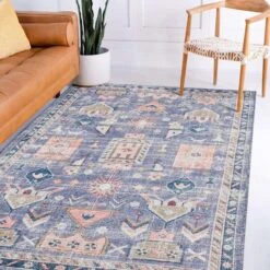 (B828) Blue Floral Medallion Washable Accent Rug, 3x5 -Home Decor Store b828 blue floral medallion washable accent rug 3x5 6
