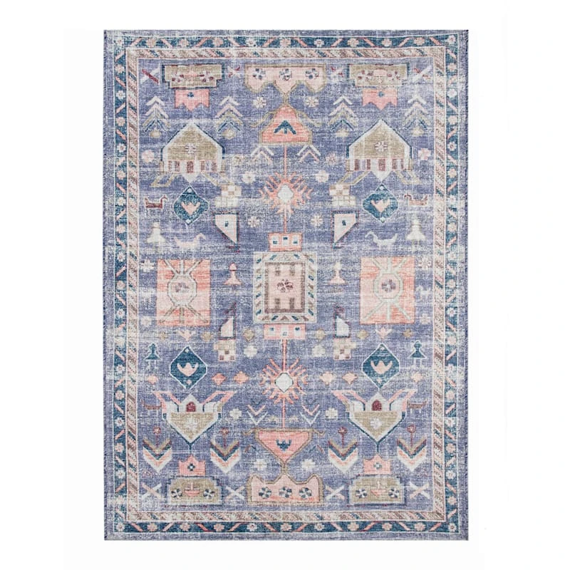 (B828) Blue Floral Medallion Washable Area Rug, 5x7 1 (B828) Blue Floral Medallion Washable Area Rug, 5x7