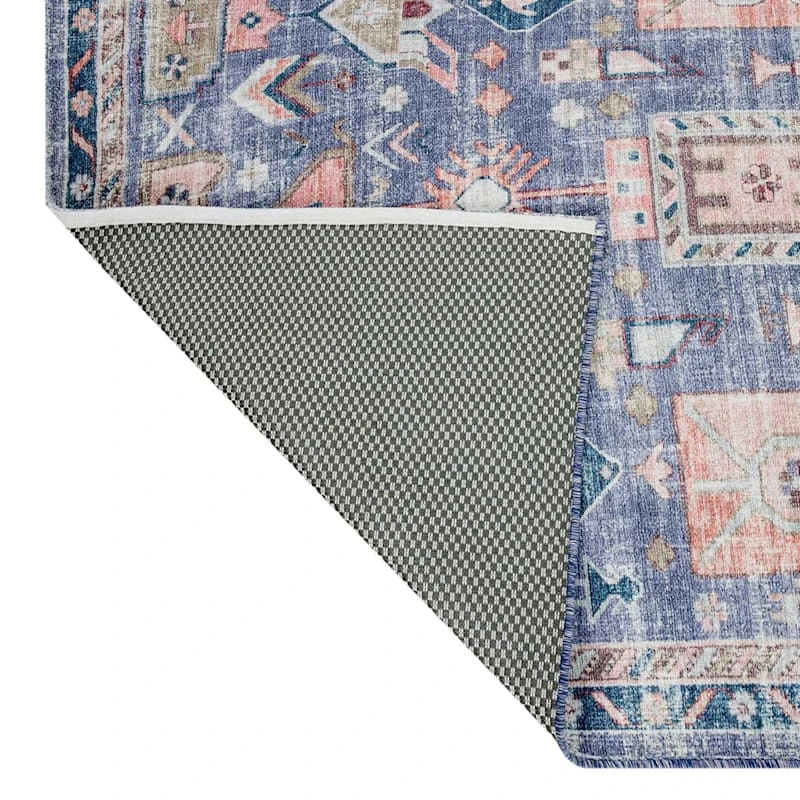 (B828) Blue Floral Medallion Washable Area Rug, 5x7 3 (B828) Blue Floral Medallion Washable Area Rug, 5x7 - Image 3