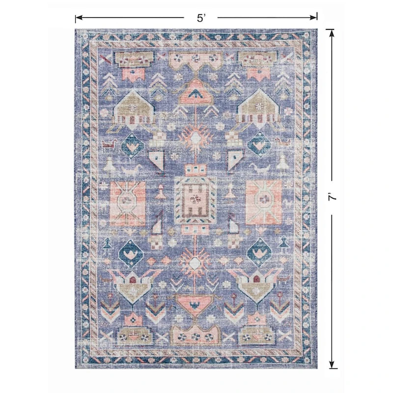 (B828) Blue Floral Medallion Washable Area Rug, 5x7 6 (B828) Blue Floral Medallion Washable Area Rug, 5x7 - Image 6