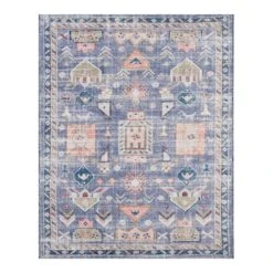 (B828) Blue Floral Medallion Washable Area Rug, 8x10