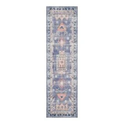 (B828) Blue Floral Medallion Washable Runner, 2x7