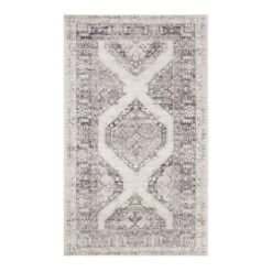 (B829) Grey & White Floral Washable Accent Rug, 3x5