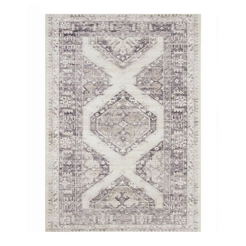 (B829) Grey & White Floral Washable Area Rug, 5x7 1 (B829) Grey & White Floral Washable Area Rug, 5x7