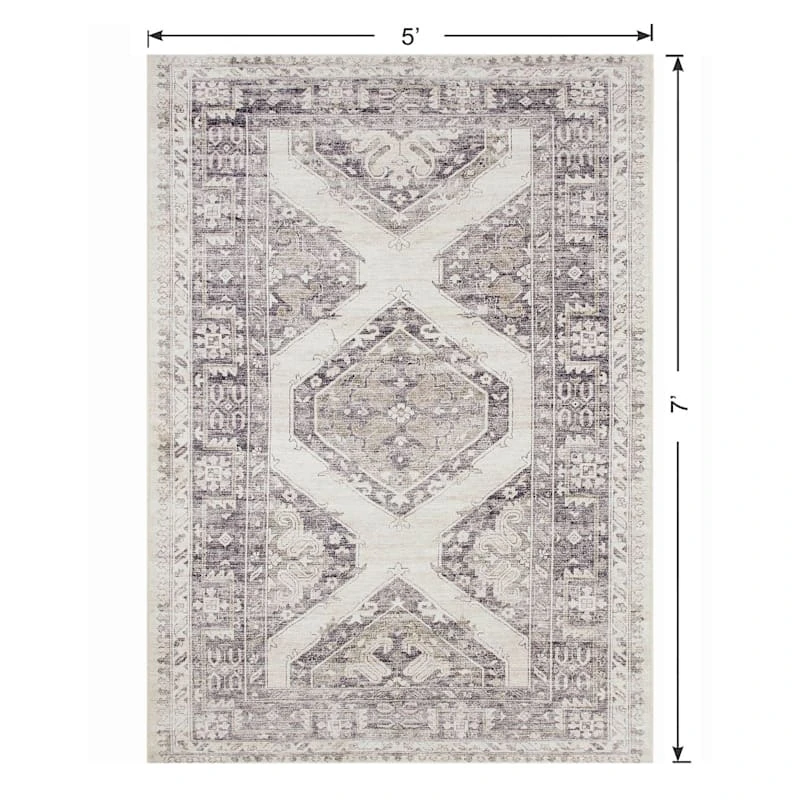 (B829) Grey & White Floral Washable Area Rug, 5x7 6 (B829) Grey & White Floral Washable Area Rug, 5x7 - Image 6
