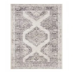 (B829) Grey & White Floral Washable Area Rug, 8x10