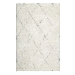 (C103) Ivory & Grey Long Pile Diamond Design Shag Area Rug, 5x7