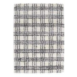 (C122) Honeybloom Ivory & Dark Grey Plaid Design Shag Area Rug, 5x7