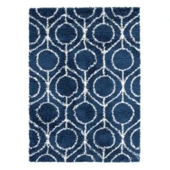 (C156) Blue & Ivory Geometric Soft Shag Area Rug, 8x10