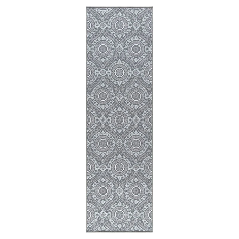 (D375) Grey Medallion & Geometric Patterned Runner, 2x7 1 (D375) Grey Medallion & Geometric Patterned Runner, 2x7
