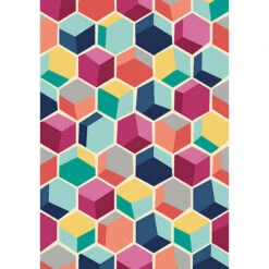 (D392) Hexagon Geometric Multicolor Colored Printed Area Rug With Non-Slip Back, 5x7