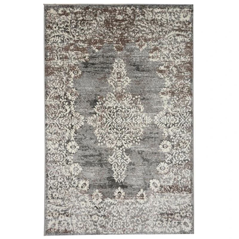 (D393) Grey & White Antique Medallion Runner, 2x7 1 (D393) Grey & White Antique Medallion Runner, 2x7