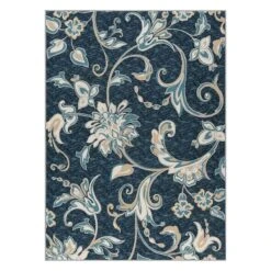 (D406) Navy Blue Floral Design Area Rug, 7x10