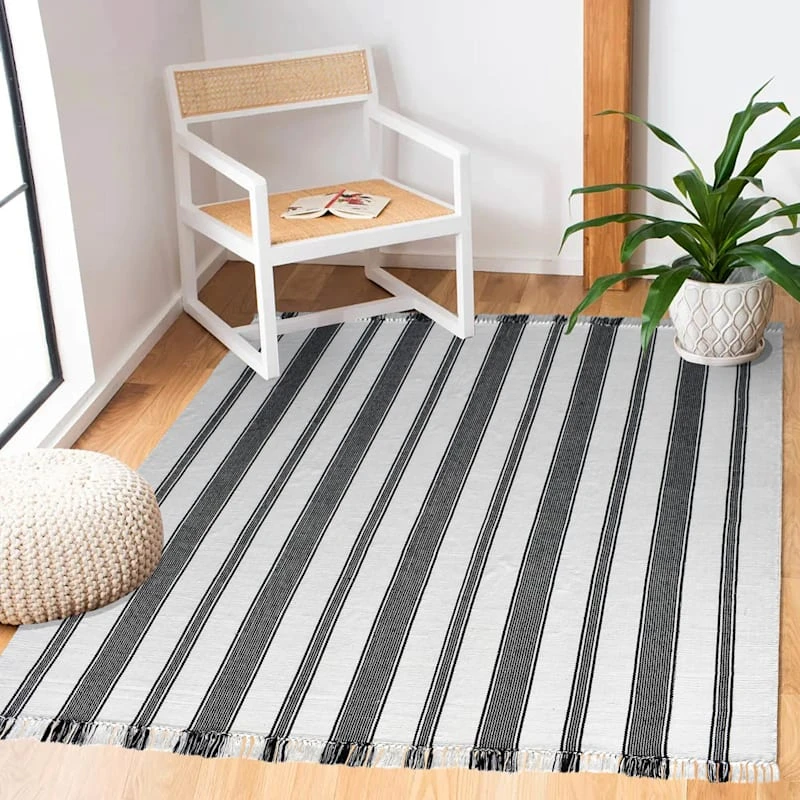 (D551) Honeybloom Flatweave Ivory & Black Striped Area Rug, 5x7 5 (D551) Honeybloom Flatweave Ivory & Black Striped Area Rug, 5x7 - Image 5