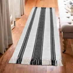 (D551) Honeybloom Flatweave Ivory & Black Striped Runner, 2x7 -Home Decor Store d551 honeybloom flatweave ivory black striped runner 2x7 5