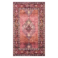 (D566) Freya Red Medallion Washable Accent Rug, 3x5
