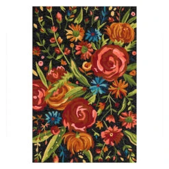 (E255) Santa Monica Black Floral Indoor & Outdoor Area Rug, 5x7