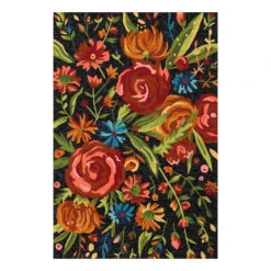 (E255) Santa Monica Black Floral Indoor & Outdoor Area Rug, 8x10