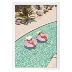 Glass Framed Pink Tubers In Swimming Pool Print Wall Art, 18x26