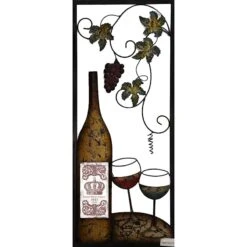 Metal Wine Bottle Left With Two Glasses Wall Decor, 13x32