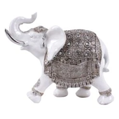 White & Silver Elephant Figurine, 9"